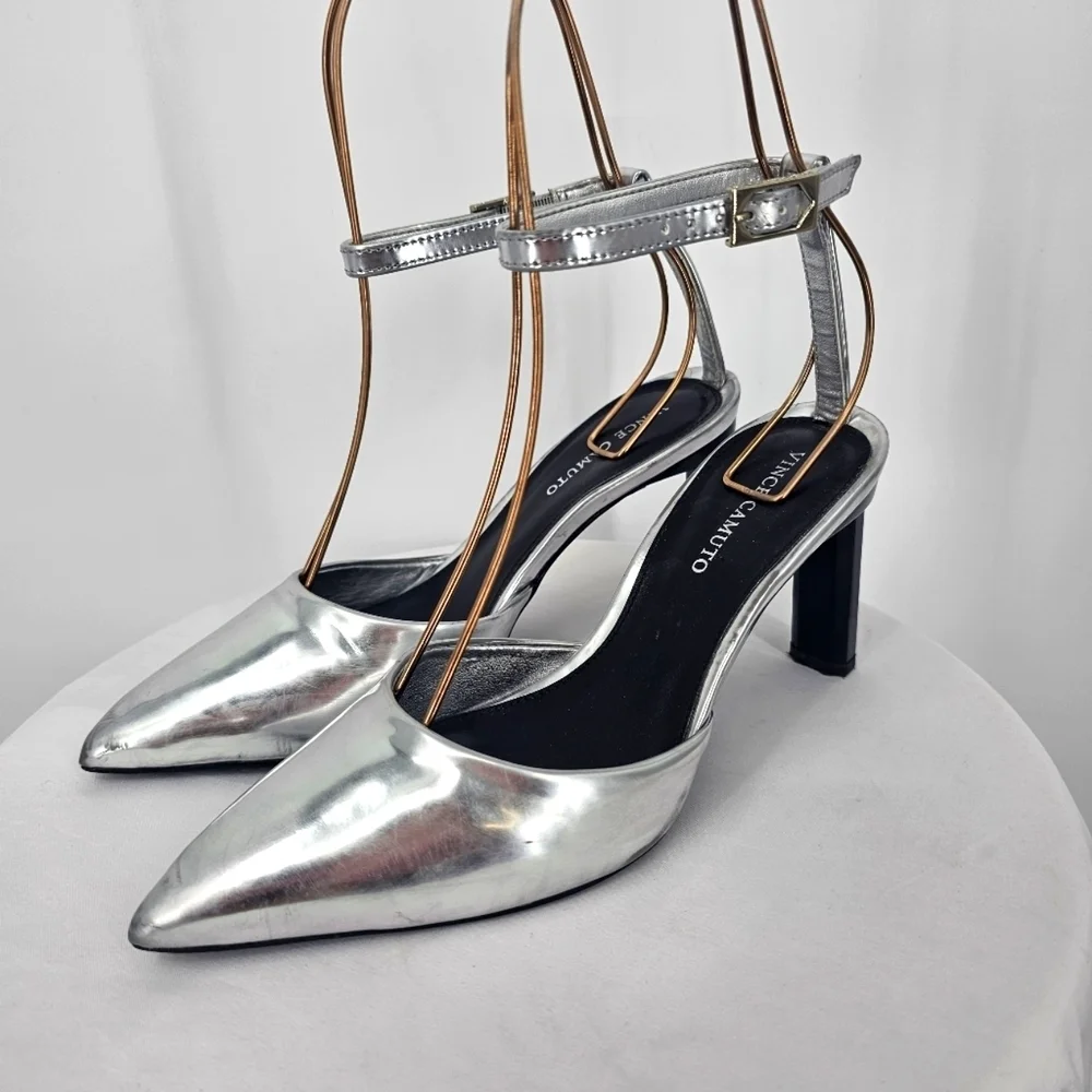 Vince Camuto Talayem Silver‎ Heels Size 6 Pointed Toe Ankle Strap